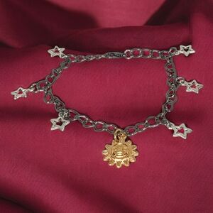 Gun Metal Gray Gold Silver Charm Bracelet with Sun & Stars Astrology Zodiac 90s